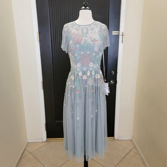 Mac Duggal 6 Seafoam Green 9134 Floral Midi Short Sleeve Sequin Beaded Dress New - Picture 2 of 14